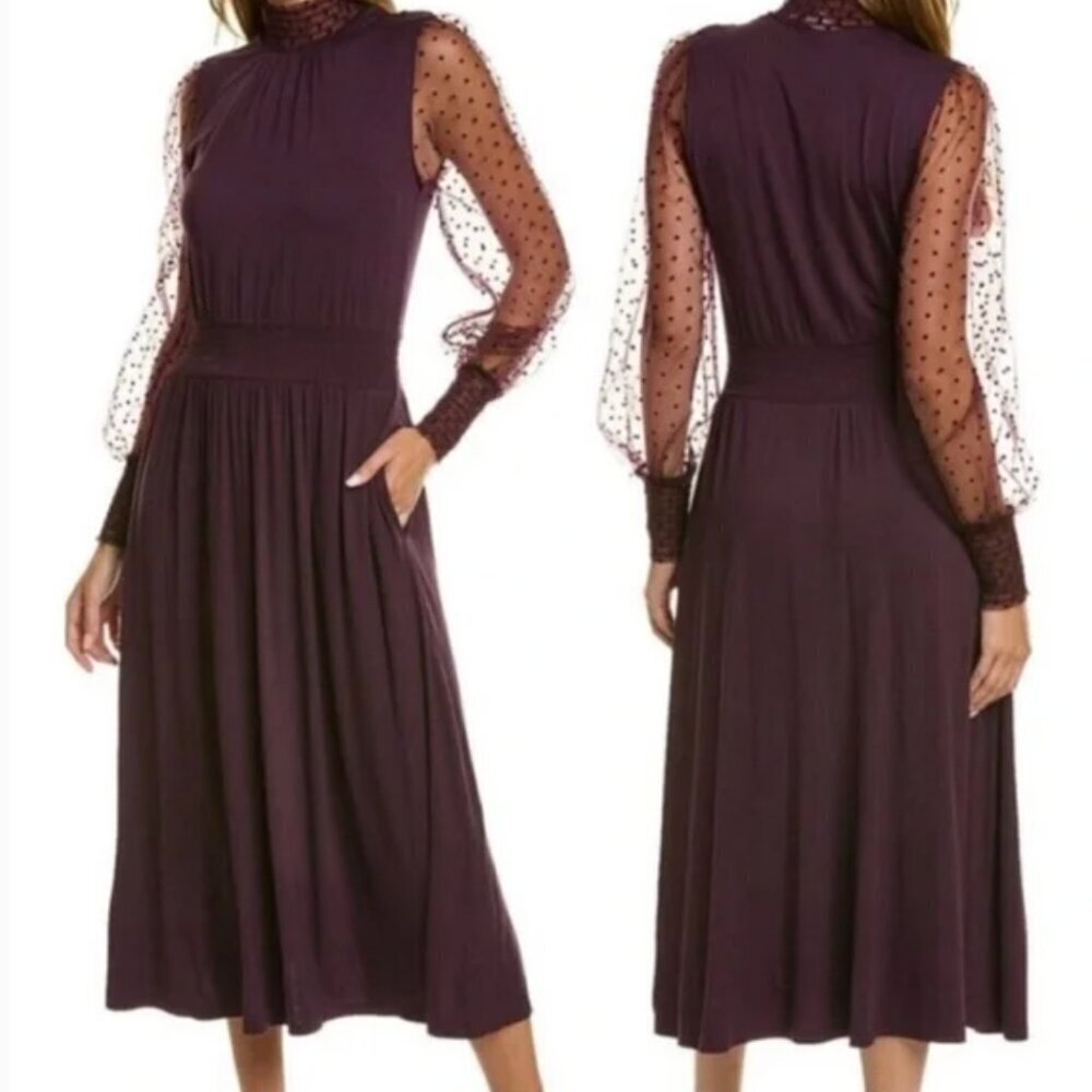 Boden Plum Purple Dots Tulle Long Sleeve Jersey Midi Party Dress 12P